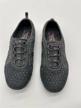 Skechers Women's Slip-On Knit Sneakers in Charcoal with Purple Accent